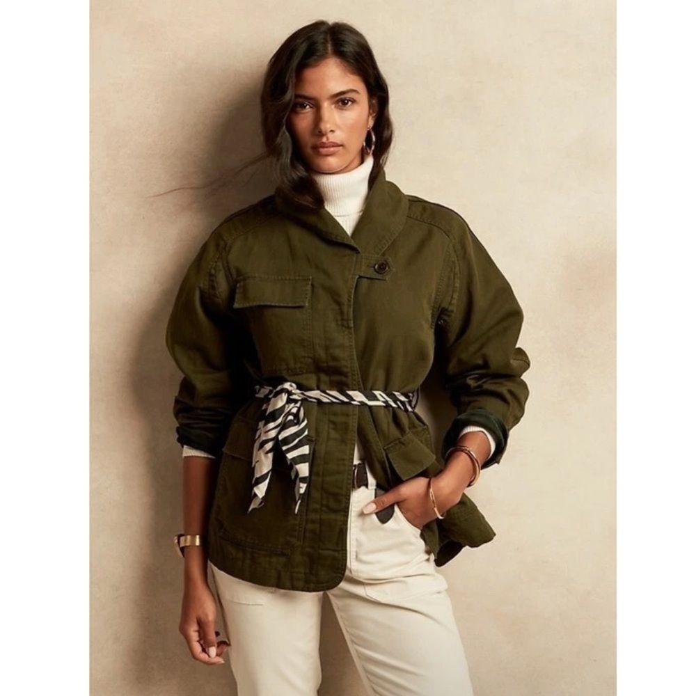 Banana Republic Linen Blend Essential Cargo Camo Green Jacket Size XS